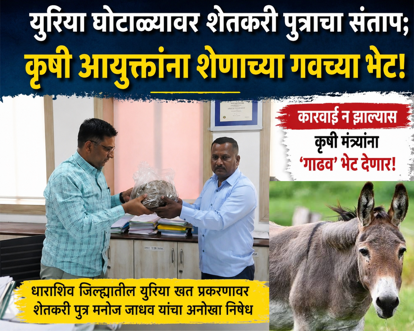 युरिया खत प्रकरणावर संताप उफाळला; कृषी आयुक्तांना शेणाच्या गवऱ्या भेट, कारवाई न झाल्यास मंत्र्यांना ‘गाढव’ भेट देण्याचा इशारा