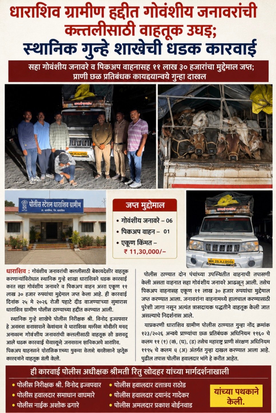 धाराशिव ग्रामीण हद्दीत गोवंशीय जनावरांची कत्तलीसाठी वाहतूक उघड स्थानिक गुन्हे शाखेची धडक कारवाई
