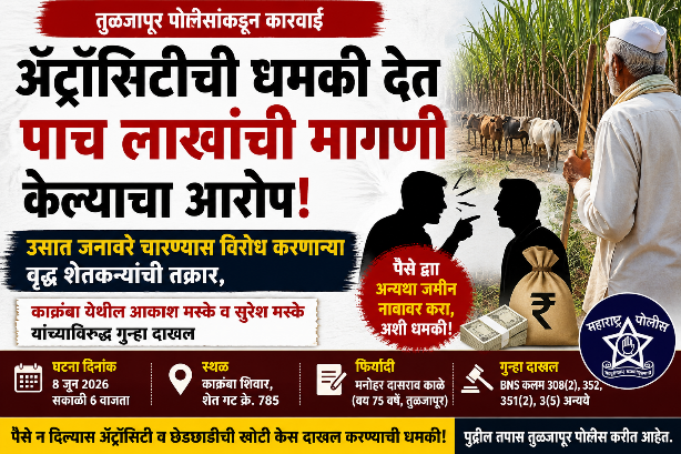 ॲट्रॉसिटीची धमकी देत पाच लाखांची मागणी केल्याचा आरोप; उसात जनावरे चारण्यास विरोध करणाऱ्या वृद्ध शेतकऱ्याची तक्रार, काक्रंबा येथील दोघांवर गुन्हा