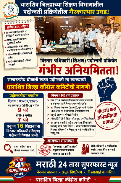 धाराशिव जिल्हा परिषदेत १६ शिक्षकांच्या पदोन्नतीवर प्रश्नचिन्ह; गैरकारभाराच्या आरोपांची राज्यस्तरीय चौकशीची मागणी